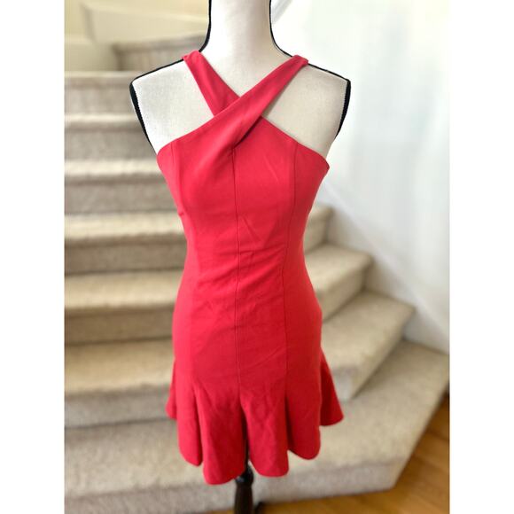 Likely Classic Red Twist Halter Neck Flutter Hem Mini Sheath Dress - Picture 2 of 8